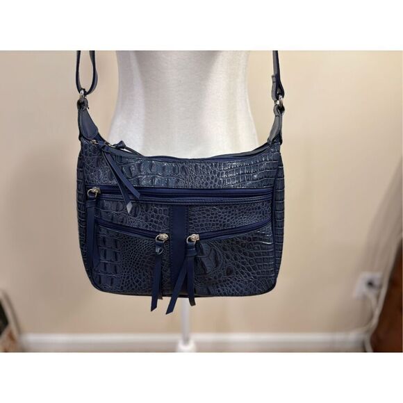 MC Women's Faux Leather Croc Embossed Shoulder Crossbody Bag Navy Blue - Picture 1 of 6